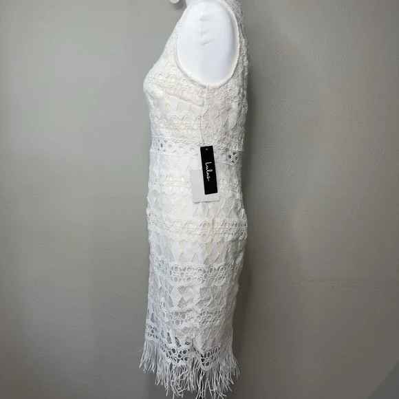 Lulus S Kenna White Crochet Lace Fringe Bachelorette Bodycon Dress Bridal Easter - Picture 3 of 12